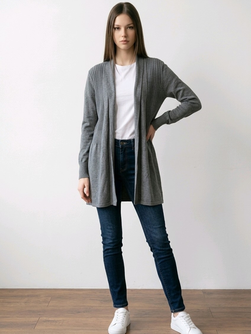 NWT retrology Long Ribbed Smocked Cardigan - Gray Sz Medium